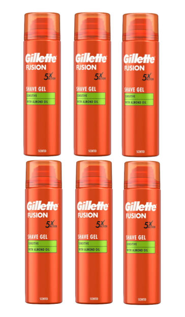 6 x Gillette Fusion 5 Action Sensitive With Almond Oil Shave Gel 200ml