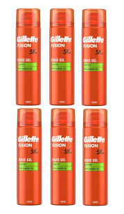 6 x Gillette Fusion 5 Action Sensitive With Almond Oil Shave Gel 200ml